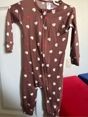 Brown Heart-Print Kids Footie One-Piece Pajama